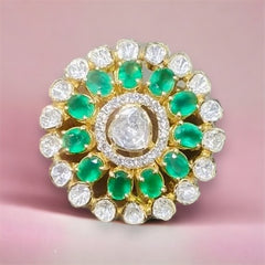 Exquisite Emerald and Polki Double Halo Ring | 925 Sterling Silver | 18kt Gold Plated | Best Gift for Women |Jadau Jewelry