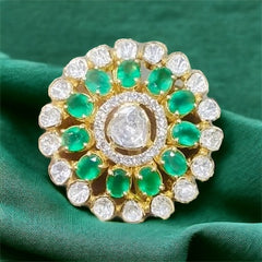 Exquisite Emerald and Polki Double Halo Ring | 925 Sterling Silver | 18kt Gold Plated | Best Gift for Women |Jadau Jewelry