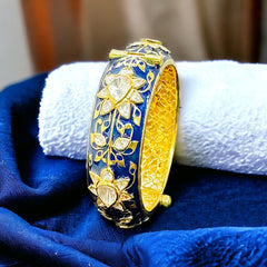 Exquisite Halo Pear Design Polki Bangle with Blue Sapphire Enamel | Openable Bangle | 925 Sterling Silver | 18kt Gold Plated | Best Gift for Women | Jadau Jewelry