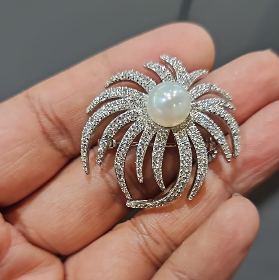 Radiant Pearl & CZ Diamond Brooch in 925 Sterling Silver