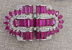 Ruby & CZ Diamonds  Art Deco Brooch in 925 Sterling Silver