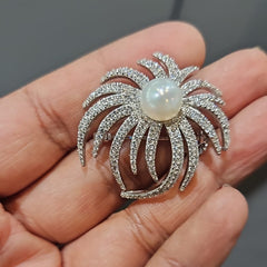 Radiant Pearl & CZ Diamond Brooch in 925 Sterling Silver