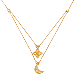 Moon and Flower Double Layer Moissanite Polki Necklace: Celestial Charm and Floral Elegance in 925 Sterling Silver with 18kt Gold Plating