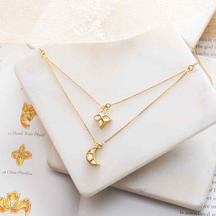 Moon and Flower Double Layer Moissanite Polki Necklace: Celestial Charm and Floral Elegance in 925 Sterling Silver with 18kt Gold Plating