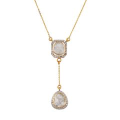 Halo Moissanite Polki Double Drop Down Pendant Necklace in 925 Sterling Silver with 18kt Gold Plating | 925 Sterling Silver | Jadau Jewelry