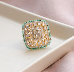 Stunning Square and Pearl Polki Ring with Emerald and Pearls - Adjustable to Fit All | 925 Sterling Silver | 18kt Gold Plated | Jadau Jewelry