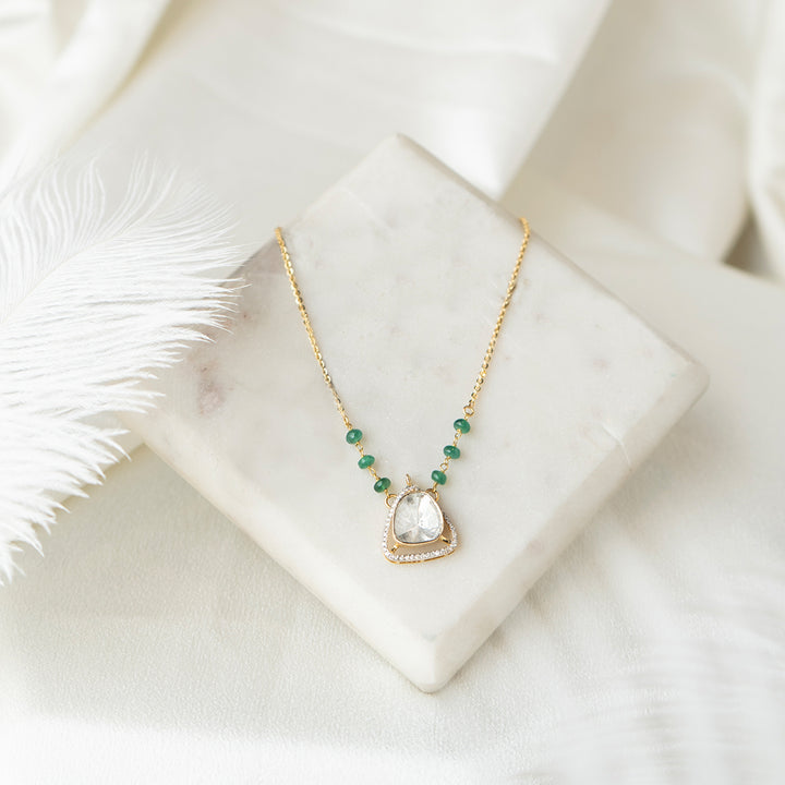 "Halo Moissanite Polki Necklace with Emerald Beaded Chain | 925 Sterling Silver | 18kt Gold Plated |Jadau Jewelry "