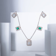 Halo Emerald and Moissanite Polki Station Necklace with Beaded Designer Chain | 925 Sterling Silver | Jadau Jewelry