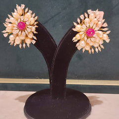 Gold Finish Floral Pearl Cluster Stud Earrings with Ruby Center in 925 Sterling Silver