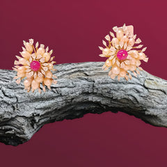 Gold Finish Floral Pearl Cluster Stud Earrings with Ruby Center in 925 Sterling Silver
