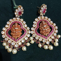 Gold finish Temple-Inspired Goddess Lakshmi Ruby Chandbali Earrings in 925 sterling silver