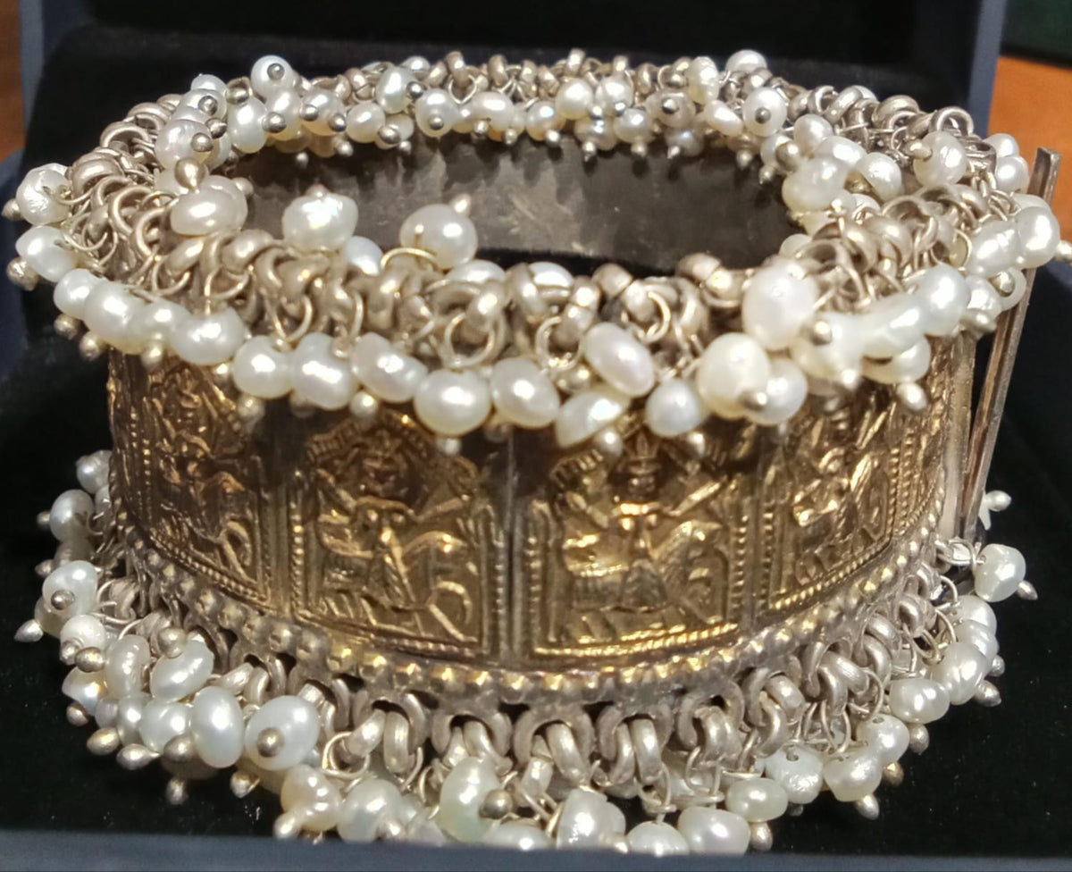 Regal Pearl Heritage Cuff Bangle in 925 Sterling silver & Gold finish