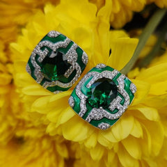 Emerald Green Enamelled Moissanite Stud Earrings in 925 Sterling Silver