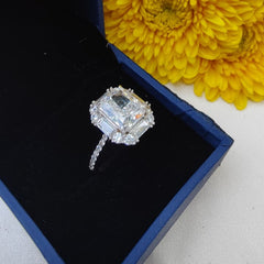 Emerald-Cut Moissanite Halo Ring in 925 Sterling Silver