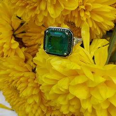 Emerald-Cut Green Gemstone Ring with Moissanite Accents in 925 Sterling Silver