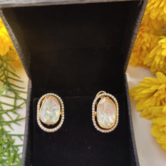 Carved Moissanite Polki Oval Earrings in 925 Sterling Silver with Gold Plating
