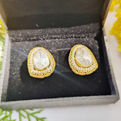 Gold Plated Teardrop Polki Stud Earrings in 925 Sterling Silver