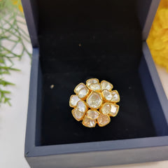 Gold Finish Moissanite Polki Floral Ring in 925 Sterling Silver