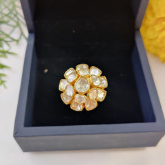 Gold Finish Moissanite Polki Floral Ring in 925 Sterling Silver