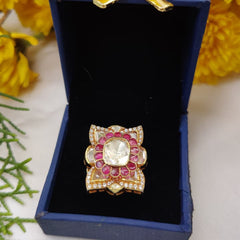 Regal Ruby & Polki Square Cocktail Ring in 925 Sterling Silver