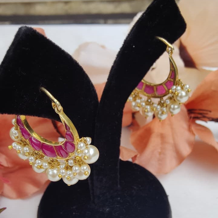 Gold Finish Ruby Pink Meenakari Pearl Hoop Earrings in 925 Sterling Silver