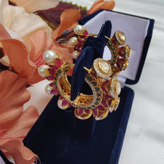 Gold Finish Enameled Moissanite Polki Hoop Earrings with Emerald & Ruby Drops in 925 Sterling Silver