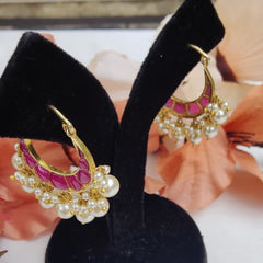 Gold Finish Ruby Pink Meenakari Pearl Hoop Earrings in 925 Sterling Silver