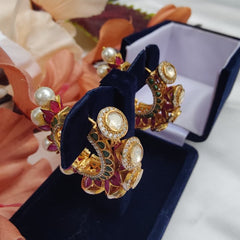 Gold Finish Enameled Moissanite Polki Hoop Earrings with Emerald & Ruby Drops in 925 Sterling Silver