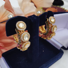 Gold Finish Enameled Moissanite Polki Hoop Earrings with Emerald & Ruby Drops in 925 Sterling Silver