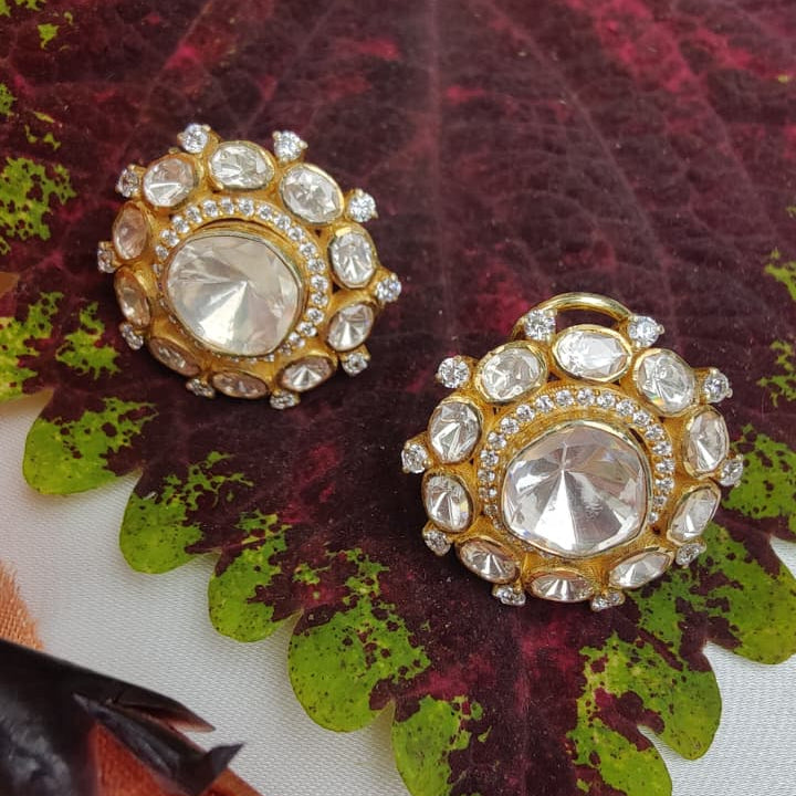 Gold Finish Moissanite Polki Stud Earrings In 925 Sterling Silver