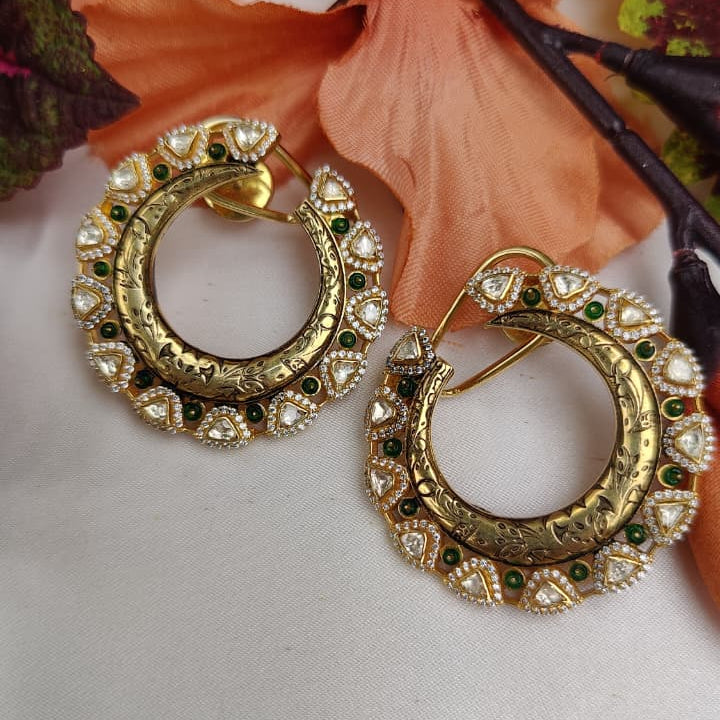 Gold Finish Moissanite Polki & Green Enamel Hoop Earrings in 925 Sterling Silver