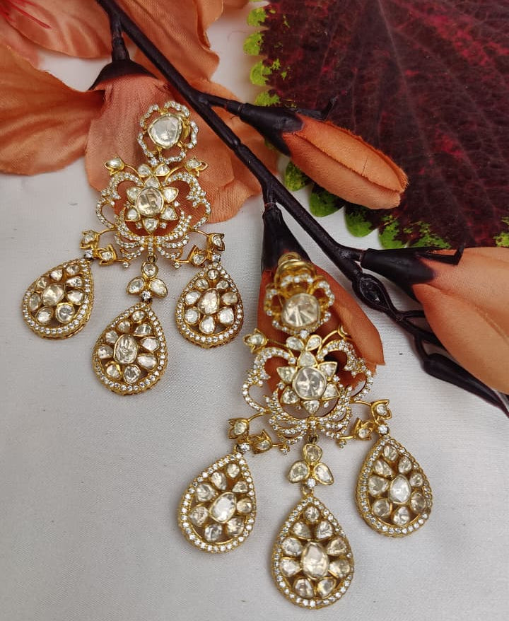 Gold Finish Triple Drop Moissanite Polki Chandbali Earrings in 925 Sterling Silver