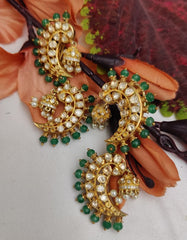 Gold Finish Emerald Drop Moissanite Polki Chandbali Earrings in 925 Sterling Silver