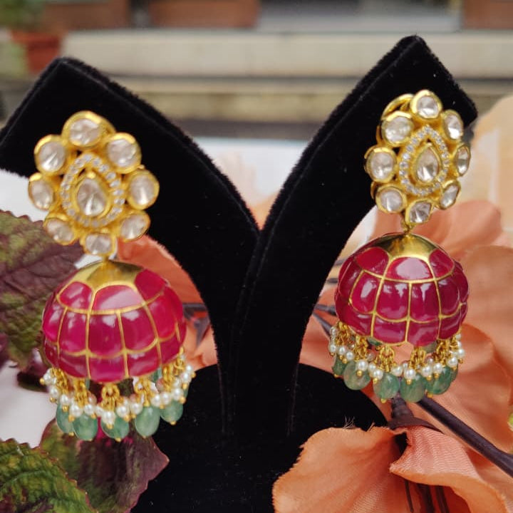 Gold Finish Ruby Dome Kundan Jhumka Earrings in 925 Sterling Silver