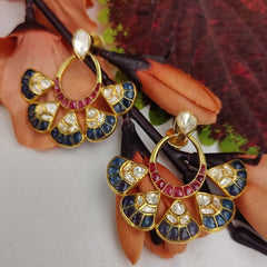 Royal Kundan & Enamel Fan Hoop Earrings in 925 Sterling Silver