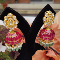 Gold Finish Ruby Dome Kundan Jhumka Earrings in 925 Sterling Silver