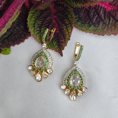 Gold Finish Emerald Polki Drop Earrings in 925 Sterling Silver