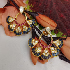 Royal Kundan & Enamel Fan Hoop Earrings in 925 Sterling Silver