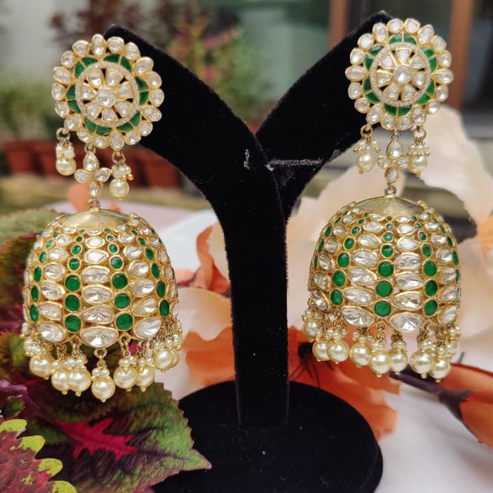 Gold Finish Emerald Polki Jhumka Earrings in 925 Sterling Silver