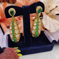 Gold Finish Emerald Touch Polki Drop Earrings in 925 Sterling Silver