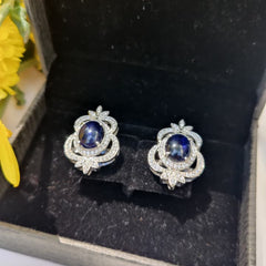 Blue Sapphire CZ Floral Stud Earrings in 925 Sterling Silver