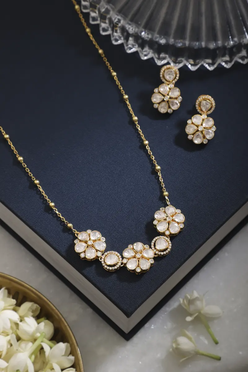 Floral Necklace set and earrings set| 925 Sterling Silver | Jadau Jewelry